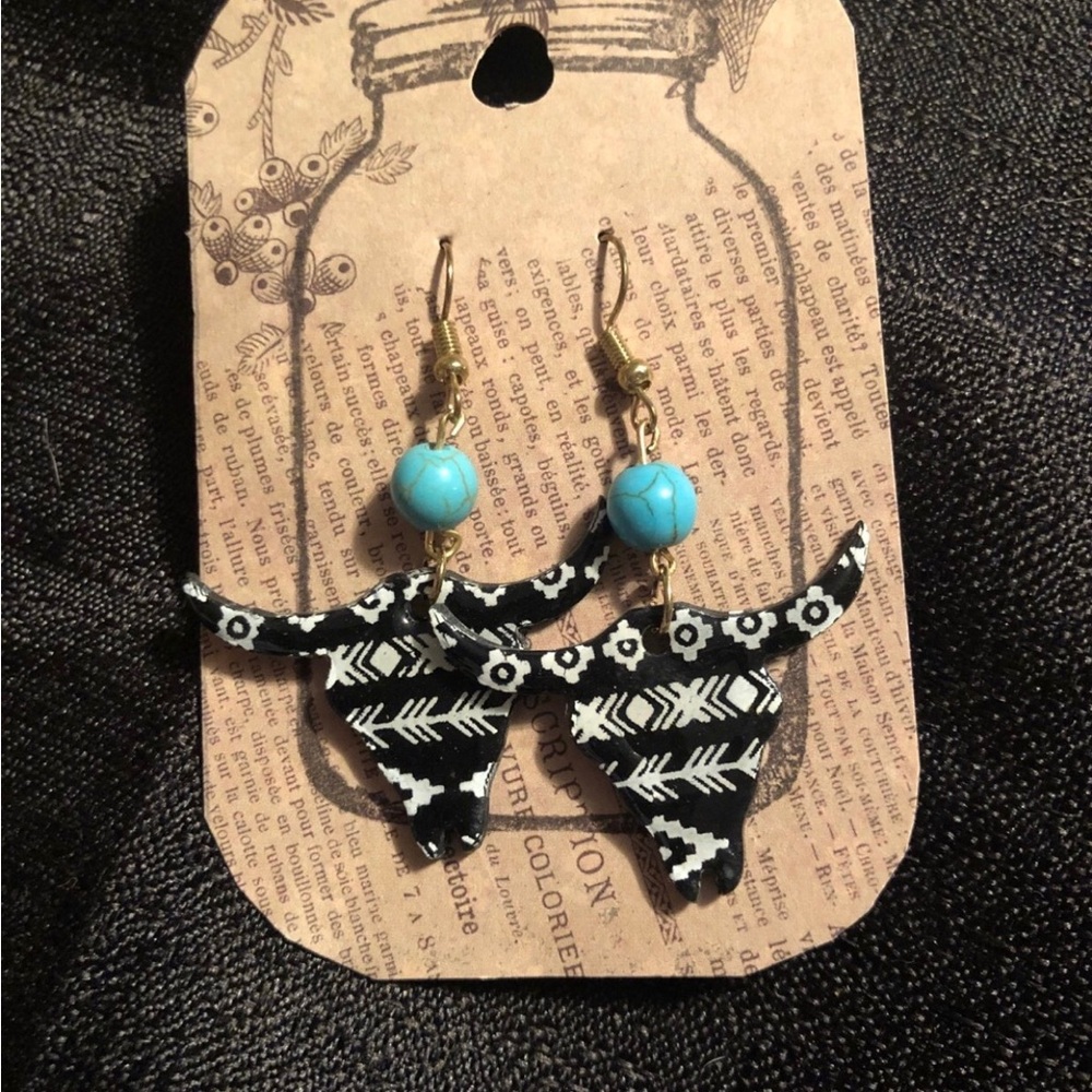 Boho Bull Skull Earrings with Turquoise Beads